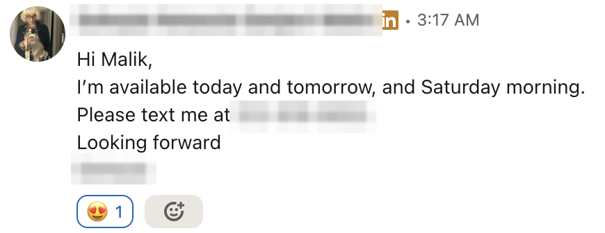 LinkedIn DM reply offering availability today, tomorrow, and Saturday morning, name and phone number blurred